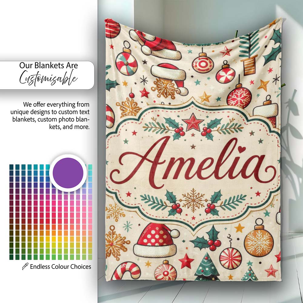 Christmas Tree Candy Cane Baubles Seamless Pattern Festive Holiday  Personalised Custom Name Super Soft Fleece Blanket Bed Sofa Throw