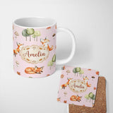 Personalized Custom Name Woodland Fox with Trees Leaves Mushrooms Soft Blush Seamless 11oz Ceramic Coffee Tea Mug White Large Handle