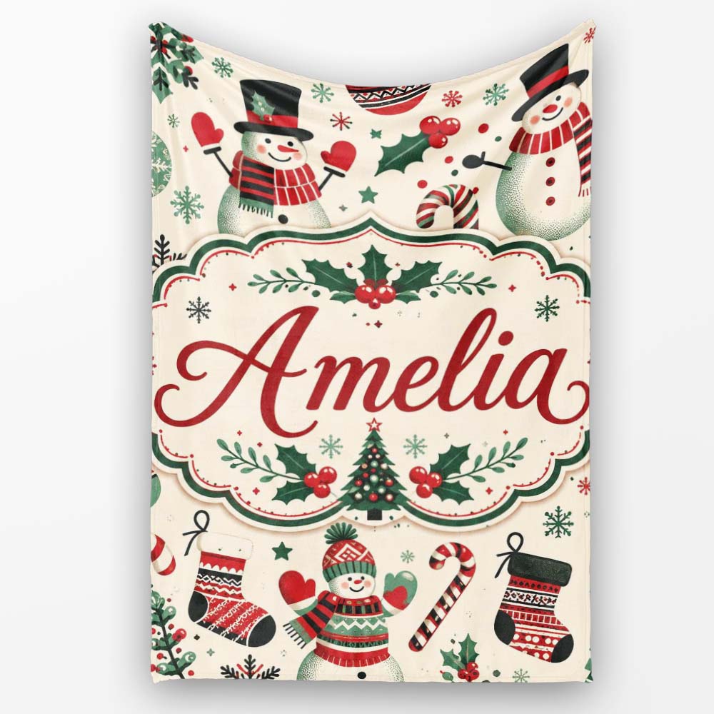 Cute Snowman Candy Cane Trees Seamless Pattern Festive Holiday  Personalised Custom Name Super Soft Fleece Blanket Bed Sofa Throw