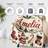 Cute Snowman Candy Cane Trees Seamless Pattern Festive Holiday  Personalised Custom Name Super Soft Fleece Blanket Bed Sofa Throw