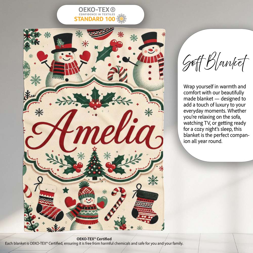 Cute Snowman Candy Cane Trees Seamless Pattern Festive Holiday  Personalised Custom Name Super Soft Fleece Blanket Bed Sofa Throw