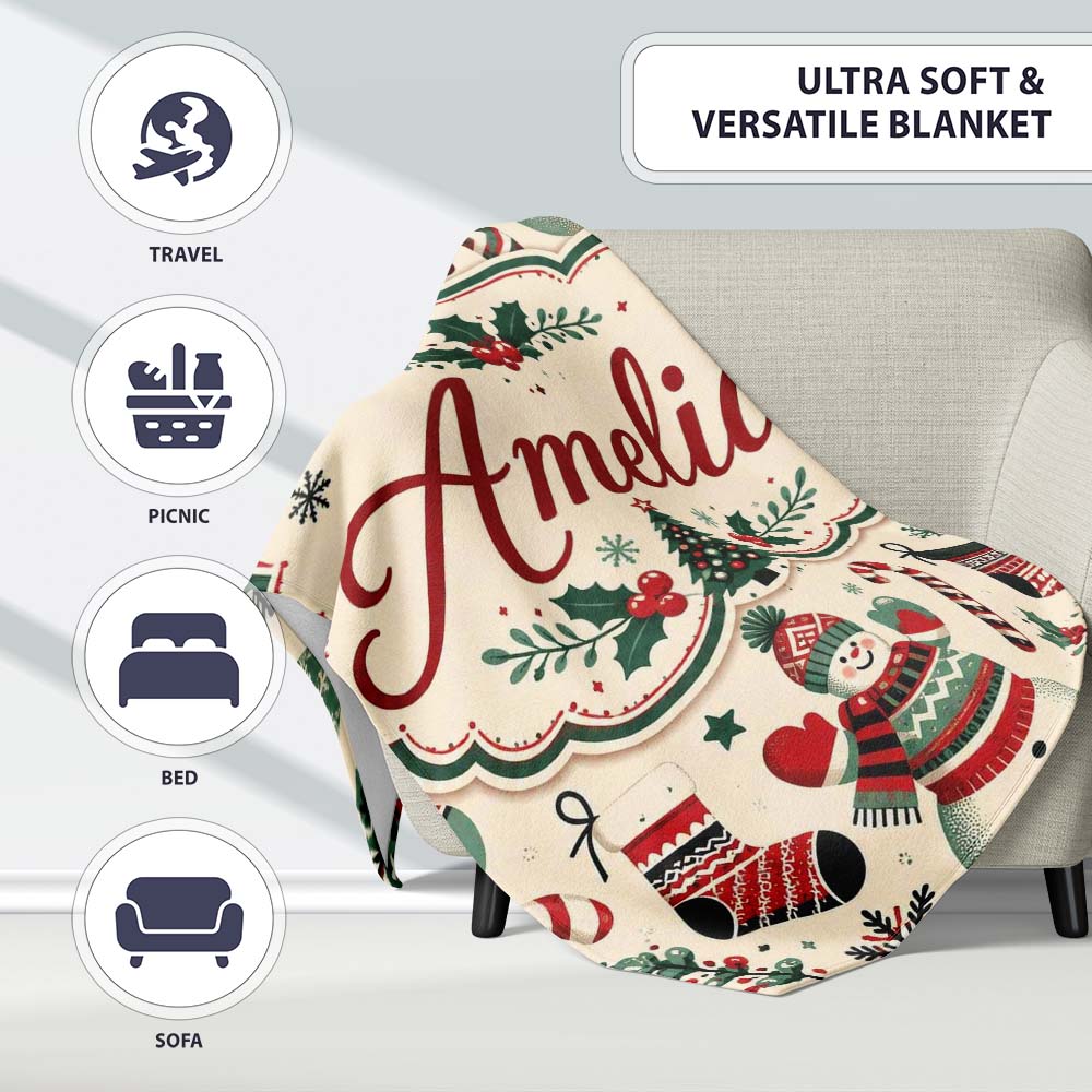 Cute Snowman Candy Cane Trees Seamless Pattern Festive Holiday  Personalised Custom Name Super Soft Fleece Blanket Bed Sofa Throw