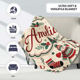 Cute Snowman Candy Cane Trees Seamless Pattern Festive Holiday  Personalised Custom Name Super Soft Fleece Blanket Bed Sofa Throw