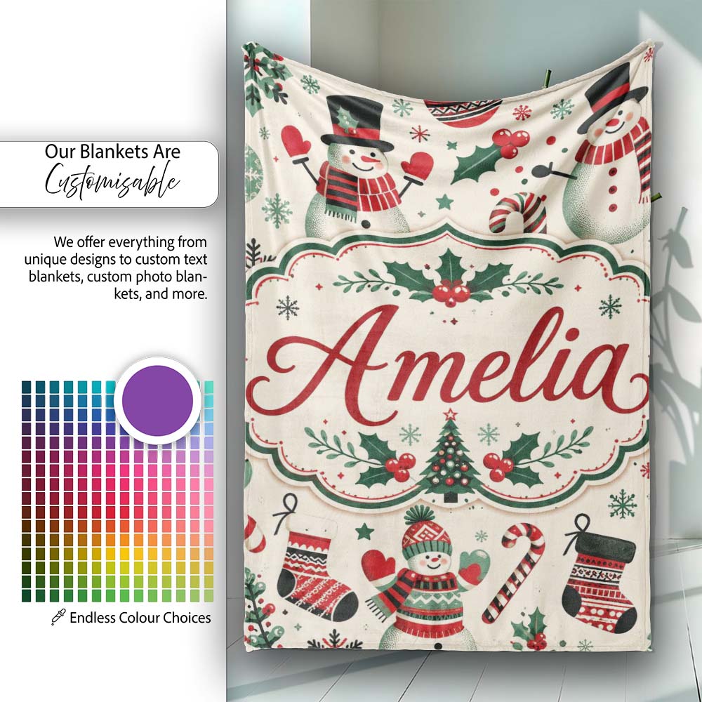Cute Snowman Candy Cane Trees Seamless Pattern Festive Holiday  Personalised Custom Name Super Soft Fleece Blanket Bed Sofa Throw