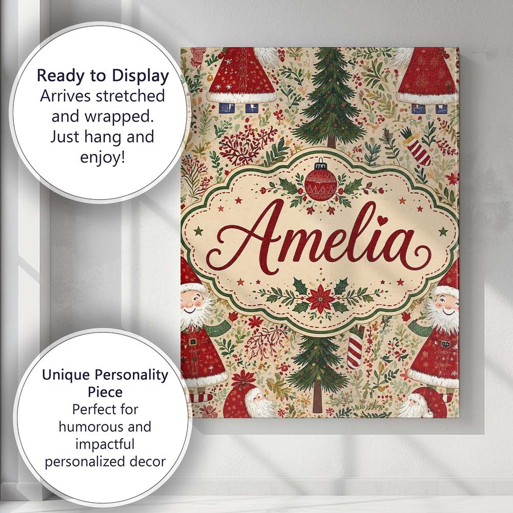 Personalised Name Whimsical Santa Gnome Custom  Modern Room Accent Elegant Feature Canvas Wall Art Print Decor Picture Ready to Hang