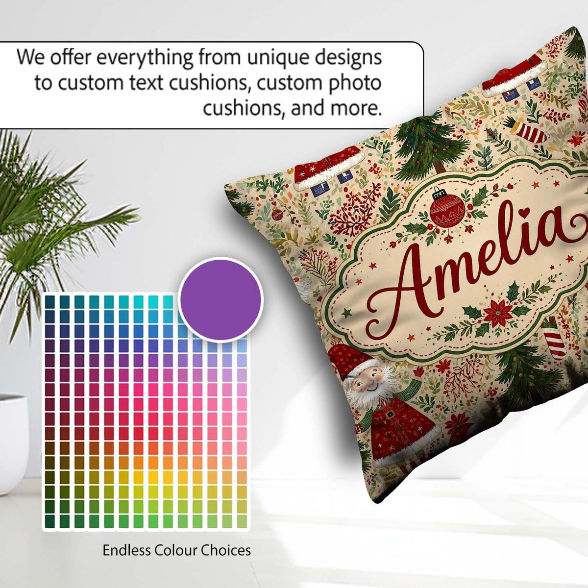 Custom Name Whimsical Santa Gnome Trees Seamless Pattern Festive Square Filled Cushion Throw Pillow Sofa Bed Home Decor Zip Washable UK Made