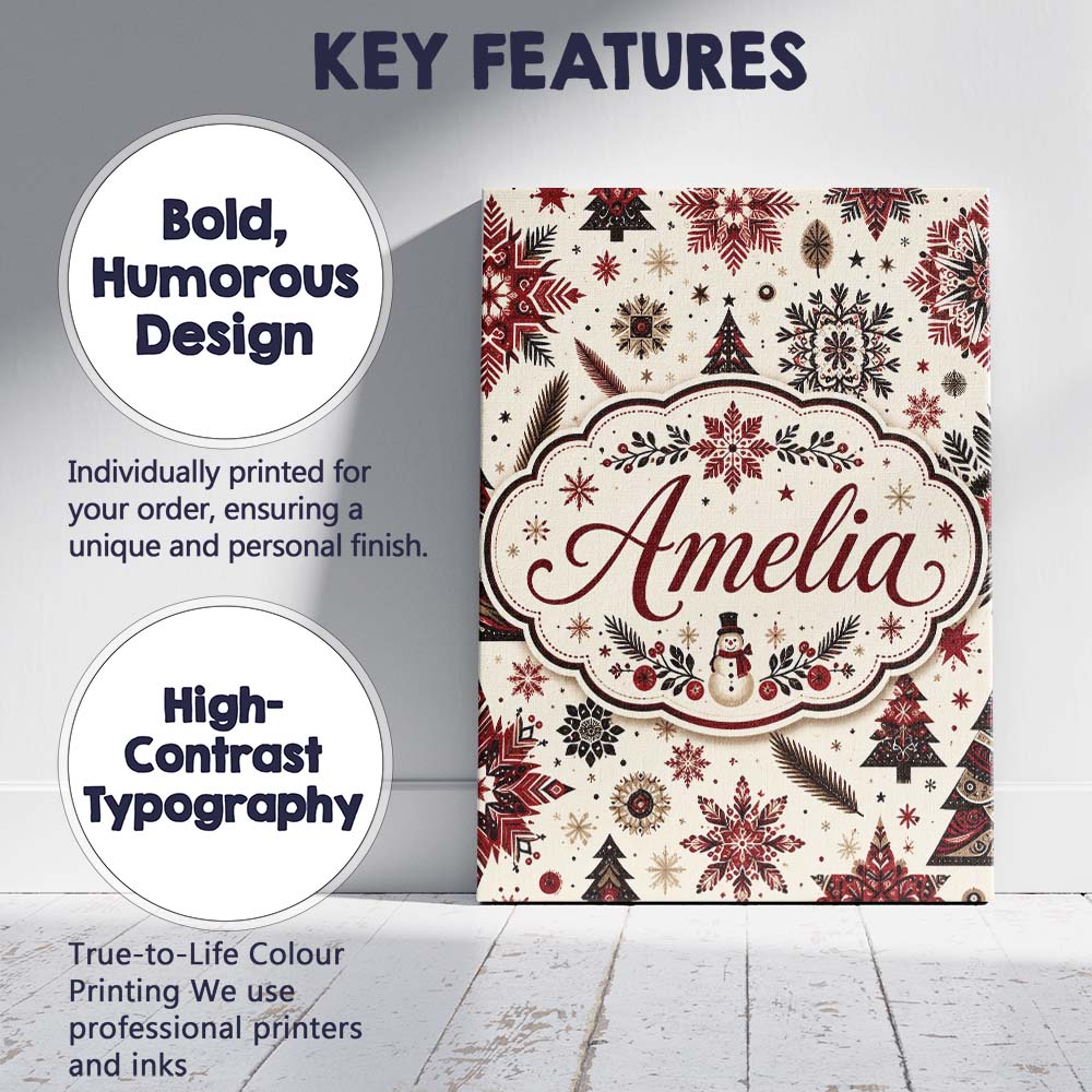 Personalised Name Red Black Snowflakes Custom  Modern Room Accent Elegant Feature Canvas Wall Art Print Decor Picture Ready to Hang