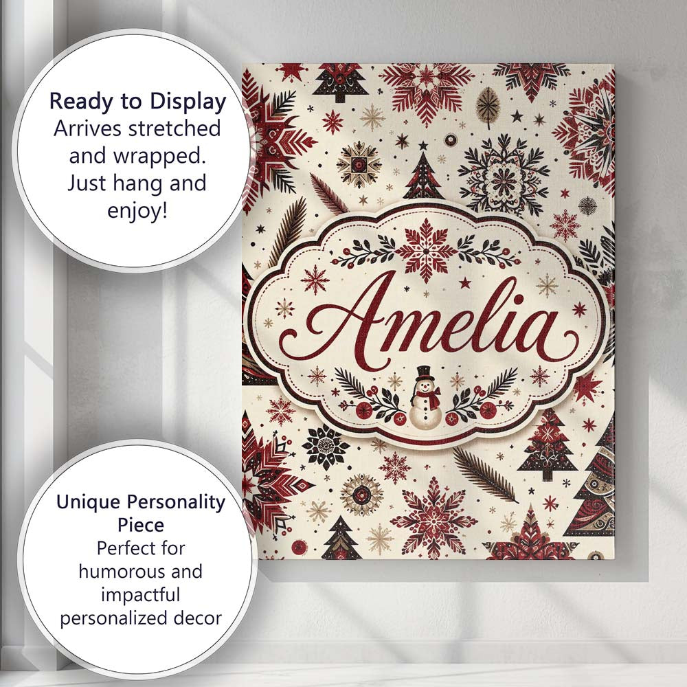 Personalised Name Red Black Snowflakes Custom  Modern Room Accent Elegant Feature Canvas Wall Art Print Decor Picture Ready to Hang