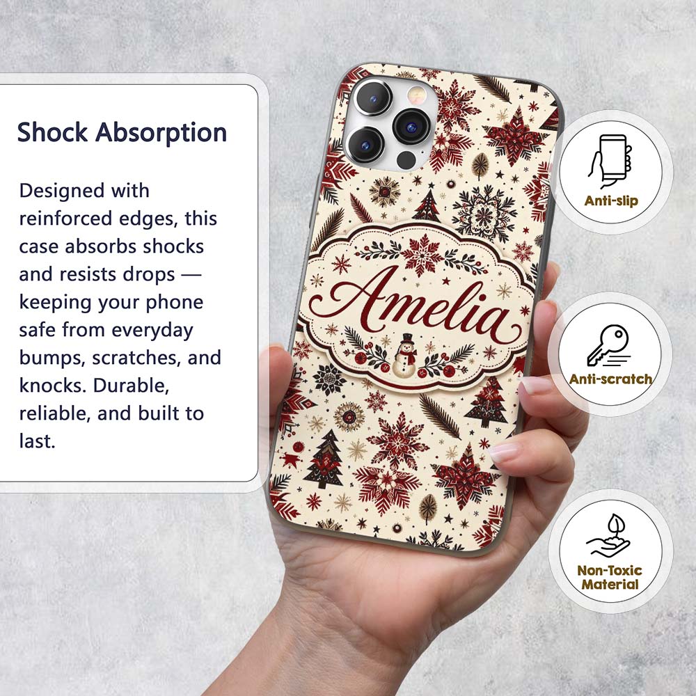 Red Black Snowflakes Christmas Trees Seamless Custom Name Protective Phone Case Mobile Cover Durable Everyday Smartphone Shock Resistant