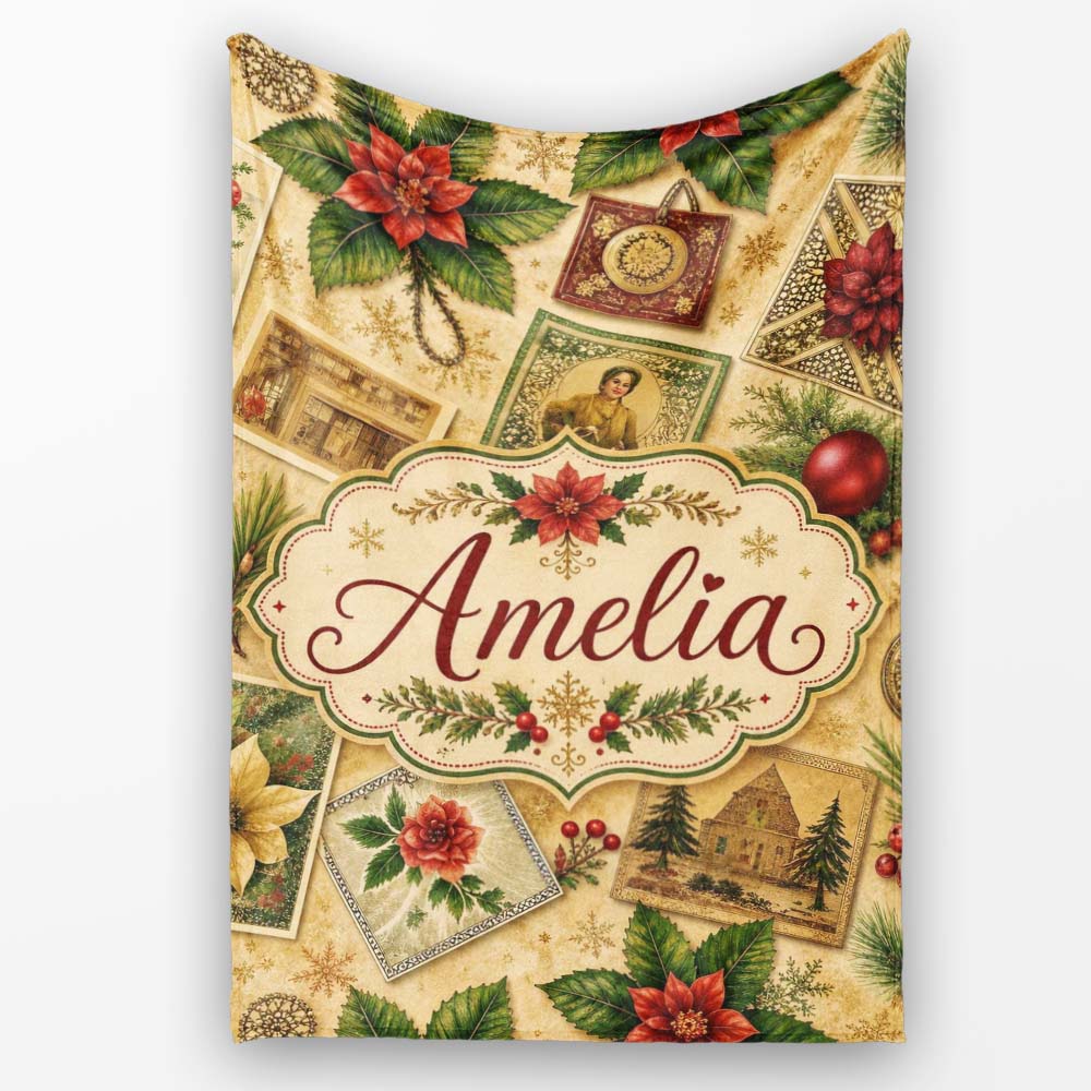 Vintage Christmas Postcards Poinsettia Holly Antique Collage Lovely  Personalised Custom Name Super Soft Fleece Blanket Bed Sofa Throw