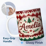 Personalized Custom Name Cute Handmade Wool Knit Red Green White Cozy Seamless Pattern Lovely 11oz Ceramic Coffee Tea Mug White Large Handle