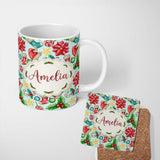 Personalized Custom Name Cute Christmas Poinsettia Holly Candy Cane Festive Seamless Pattern 11oz Ceramic Coffee Tea Mug White Large Handle