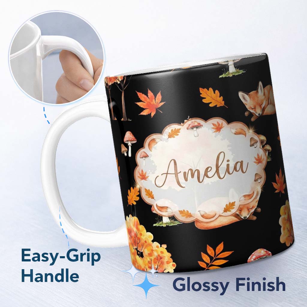 Personalized Custom Name Autumn Fox Mushroom Forest Pattern Perfect Gift for Her Lovely 11oz Ceramic Coffee Tea Mug White Large Handle