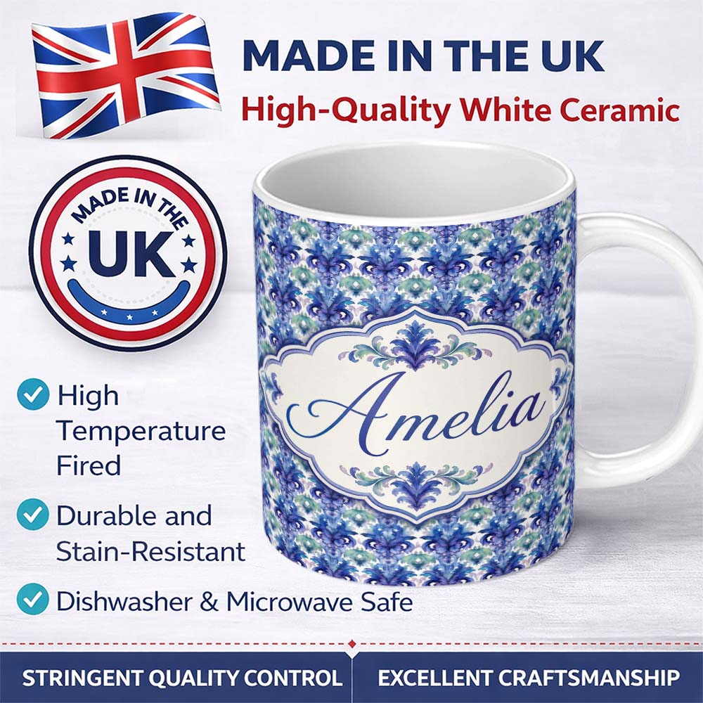 Personalized Custom Name Cool Blue and Teal Watercolor Floral Ornamental Seamless Pattern 11oz Ceramic Coffee Tea Mug White Large Handle