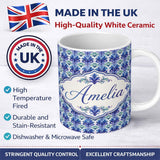 Personalized Custom Name Cool Blue and Teal Watercolor Floral Ornamental Seamless Pattern 11oz Ceramic Coffee Tea Mug White Large Handle