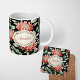 Personalized Custom Name Elegant Protea Flowers with Green Leaves on White Background Lovely 11oz Ceramic Coffee Tea Mug White Large Handle