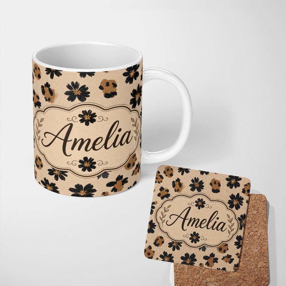 Personalized Custom Name Modern Minimal Floral and Leopard Mix Black FlowersTextured Beige 11oz Ceramic Coffee Tea Mug White Large Handle
