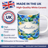 Personalized Custom Name Blue and Yellow Floral Watercolor Garden Seamless Pattern Lovely 11oz Ceramic Coffee Tea Mug White Large Handle