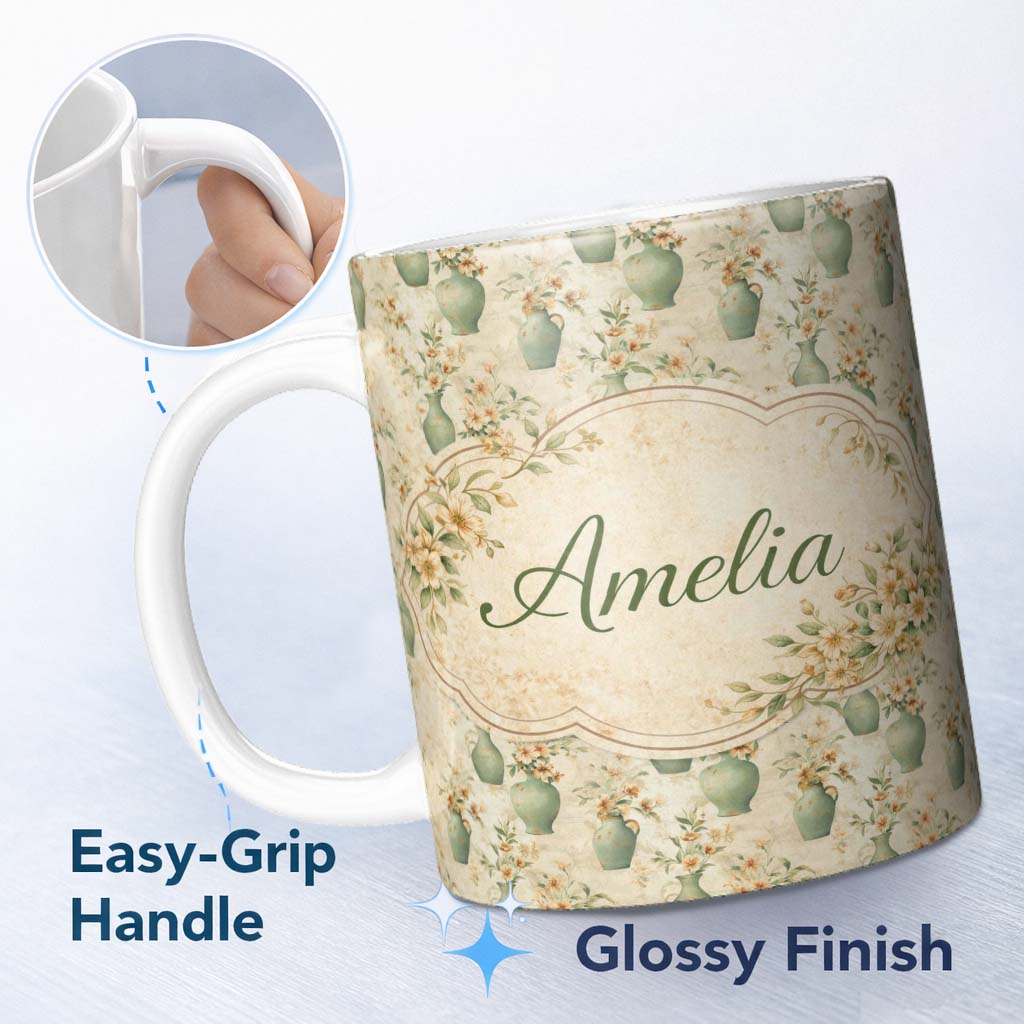 Personalized Custom Name Soft Green Vase Floral Seamless Pattern Vintage Botanical Aesthetic 11oz Ceramic Coffee Tea Mug White Large Handle