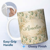 Personalized Custom Name Soft Green Vase Floral Seamless Pattern Vintage Botanical Aesthetic 11oz Ceramic Coffee Tea Mug White Large Handle
