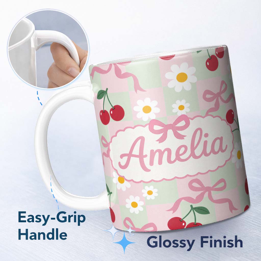 Personalized Custom Name Cute Cherry Bow and Daisy Mint Gingham Seamless Pattern Lovely 11oz Ceramic Coffee Tea Mug White Large Handle