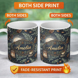 Personalized Custom Name Celestial Lantern Moon Pine Leaves Night Seamless Pattern Lovely 11oz Ceramic Coffee Tea Mug White Large Handle