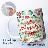 Personalized Custom Name Watercolor Christmas Baubles Holly Leaves Festive Seamless Pattern 11oz Ceramic Coffee Tea Mug White Large Handle