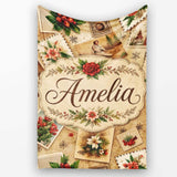 Rustic Vintage Christmas Floral Cards Letters Collage Seamless  Personalised Custom Name Super Soft Fleece Blanket Bed Sofa Throw