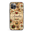 Rustic Vintage Christmas Floral Cards Letters Custom Name Protective Phone Case Mobile Cover Durable Everyday Smartphone Shock Resistant