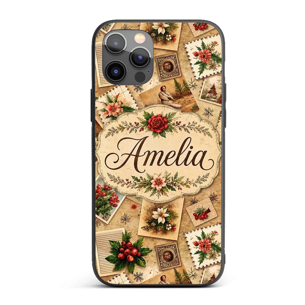 Rustic Vintage Christmas Floral Cards Letters Custom Name Protective Phone Case Mobile Cover Durable Everyday Smartphone Shock Resistant
