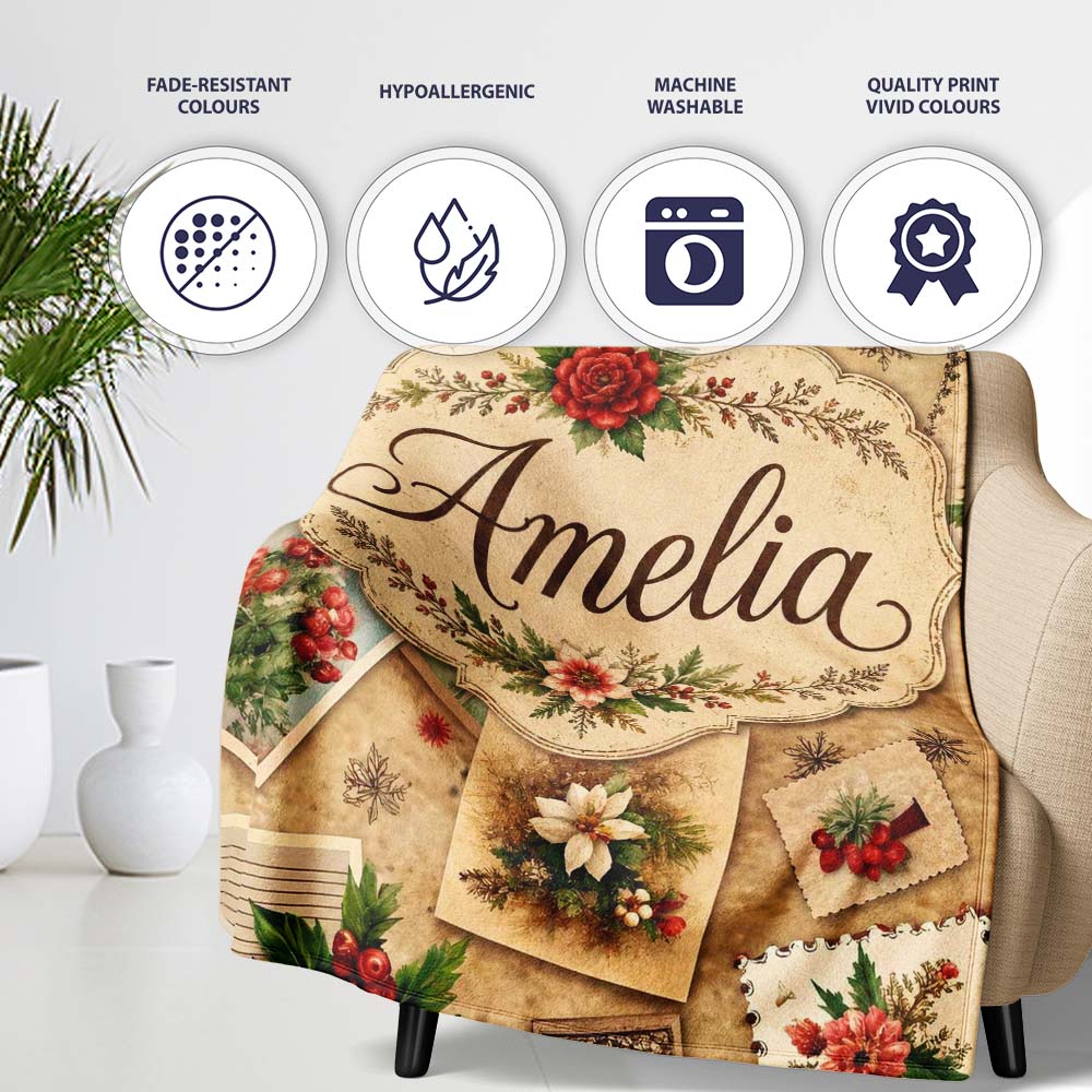 Rustic Vintage Christmas Floral Cards Letters Collage Seamless  Personalised Custom Name Super Soft Fleece Blanket Bed Sofa Throw