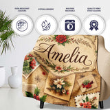 Rustic Vintage Christmas Floral Cards Letters Collage Seamless  Personalised Custom Name Super Soft Fleece Blanket Bed Sofa Throw
