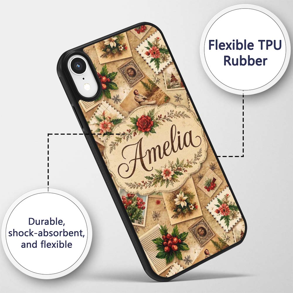 Rustic Vintage Christmas Floral Cards Letters Custom Name Protective Phone Case Mobile Cover Durable Everyday Smartphone Shock Resistant