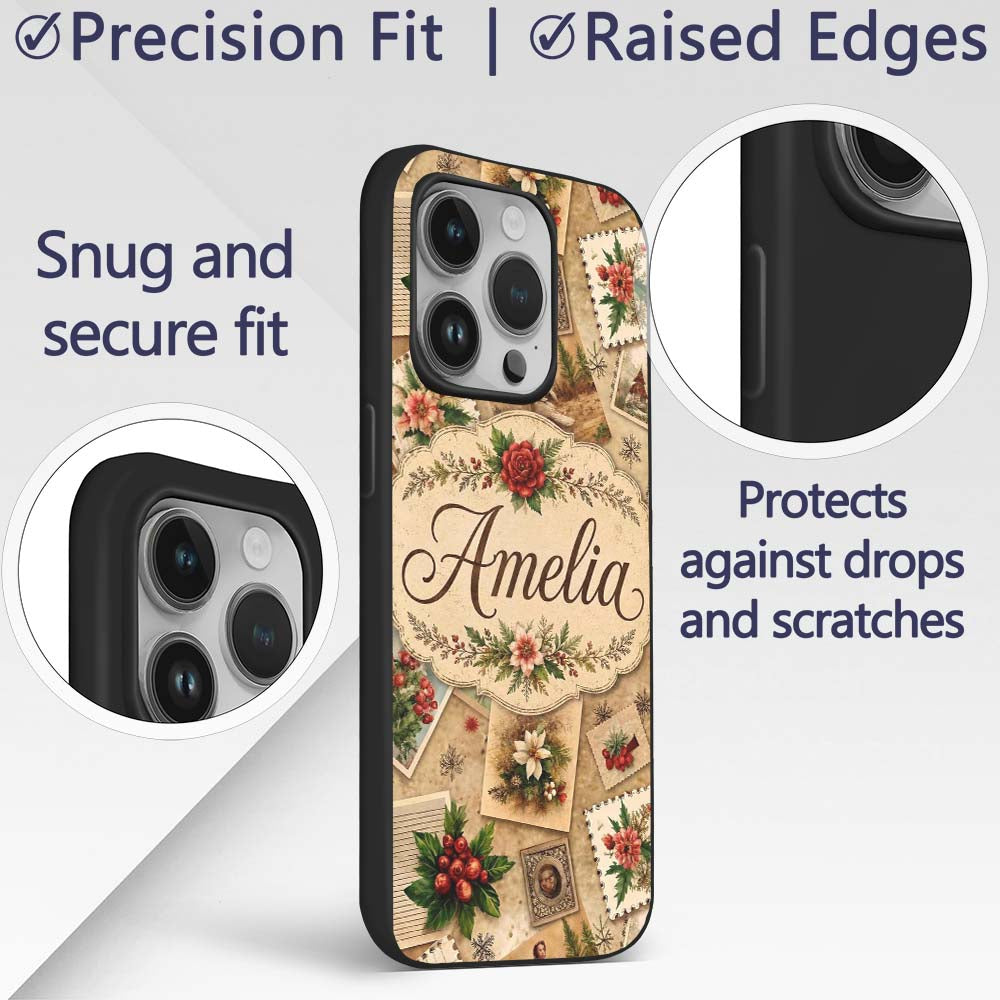 Rustic Vintage Christmas Floral Cards Letters Custom Name Protective Phone Case Mobile Cover Durable Everyday Smartphone Shock Resistant
