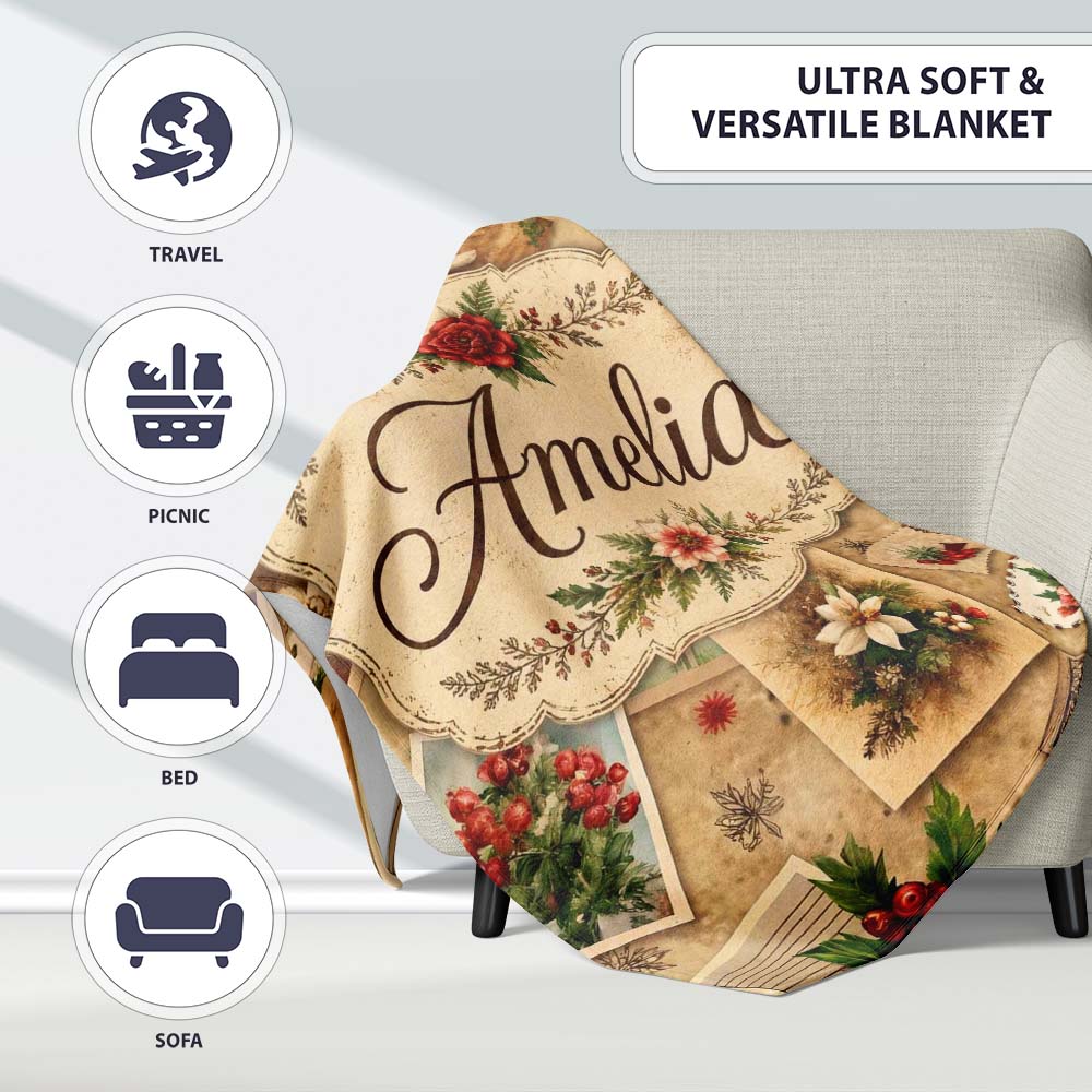 Rustic Vintage Christmas Floral Cards Letters Collage Seamless  Personalised Custom Name Super Soft Fleece Blanket Bed Sofa Throw