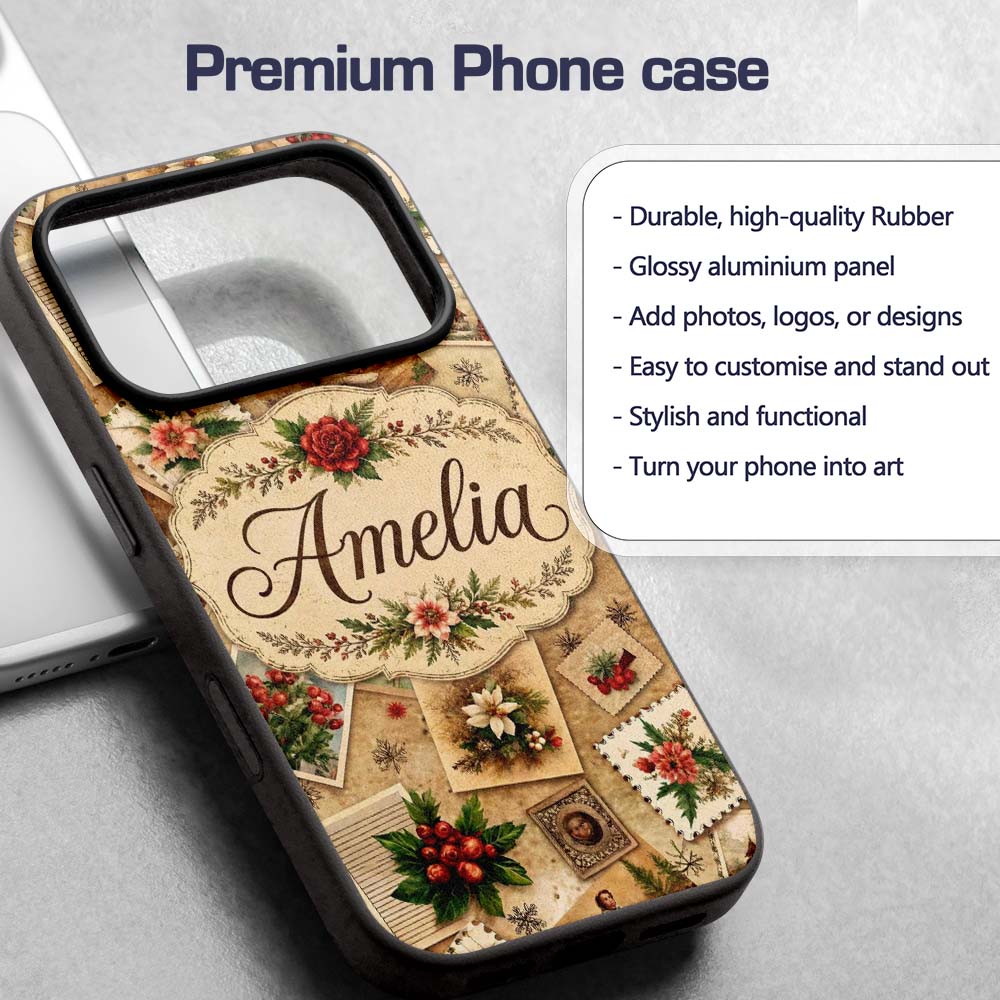 Rustic Vintage Christmas Floral Cards Letters Custom Name Protective Phone Case Mobile Cover Durable Everyday Smartphone Shock Resistant