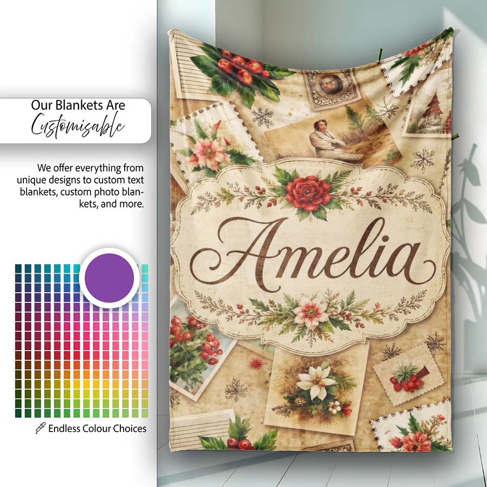Rustic Vintage Christmas Floral Cards Letters Collage Seamless  Personalised Custom Name Super Soft Fleece Blanket Bed Sofa Throw