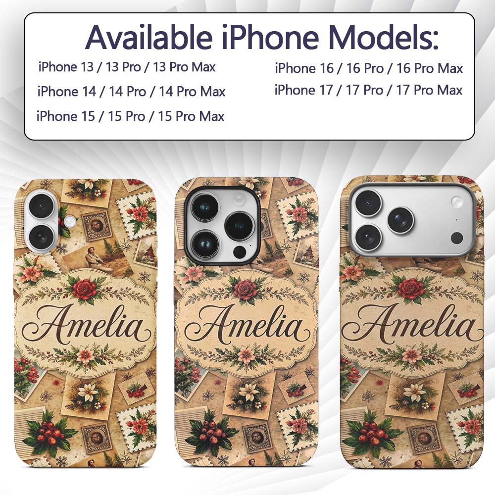 Rustic Vintage Christmas Floral Cards Letters Custom Name Protective Phone Case Mobile Cover Durable Everyday Smartphone Shock Resistant