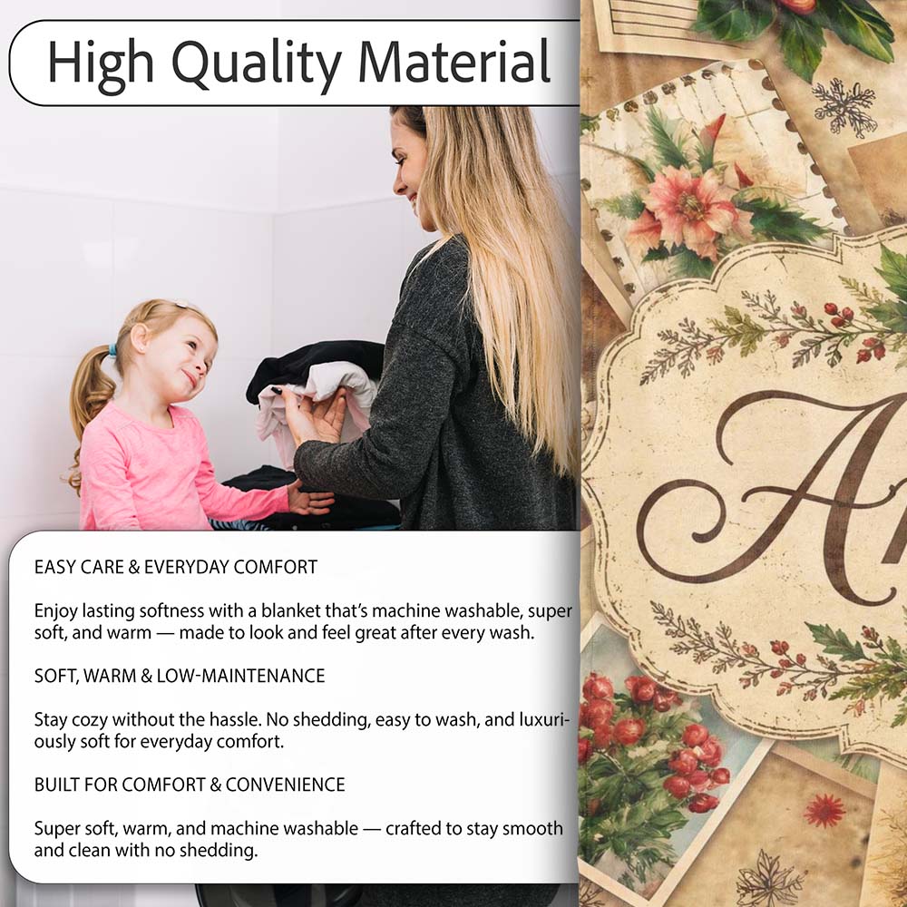 Rustic Vintage Christmas Floral Cards Letters Collage Seamless  Personalised Custom Name Super Soft Fleece Blanket Bed Sofa Throw