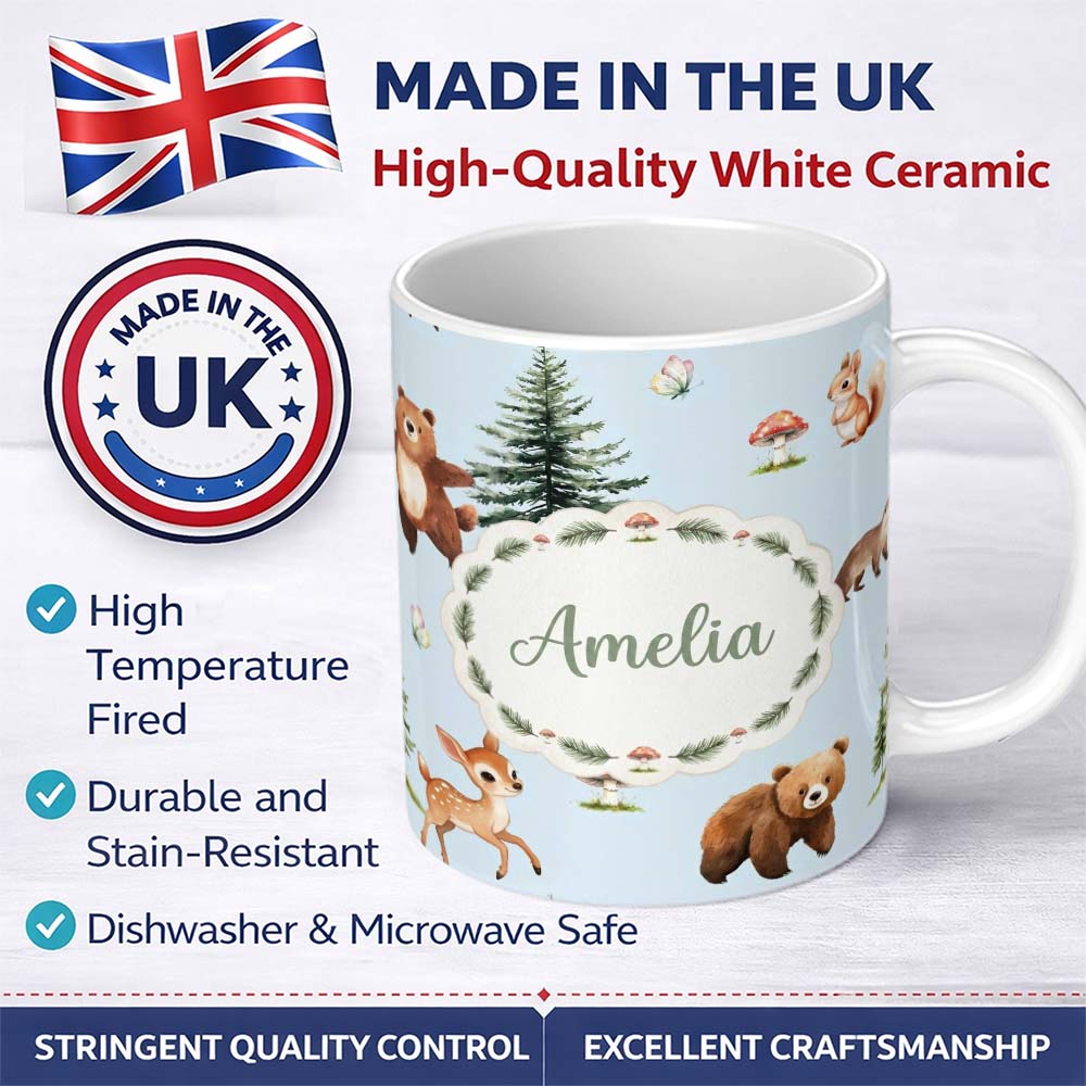 Personalized Custom Name Cute Woodland Forest Animals Bear Bunny Deer on Cream Background 11oz Ceramic Coffee Tea Mug White Large Handle