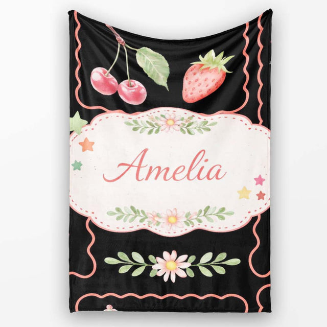 Strawberry Cherry Bow Seamless Pattern Pink Cute Coquette Design  Personalised Custom Name Super Soft Fleece Blanket Bed Sofa Throw