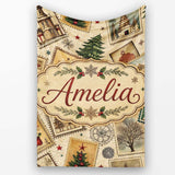 Antique Christmas Postcards Trees Stars Vintage Collage Seamless  Personalised Custom Name Super Soft Fleece Blanket Bed Sofa Throw