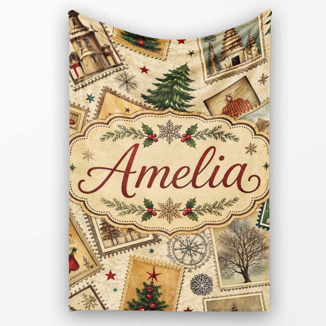 Antique Christmas Postcards Trees Stars Vintage Collage Seamless  Personalised Custom Name Super Soft Fleece Blanket Bed Sofa Throw
