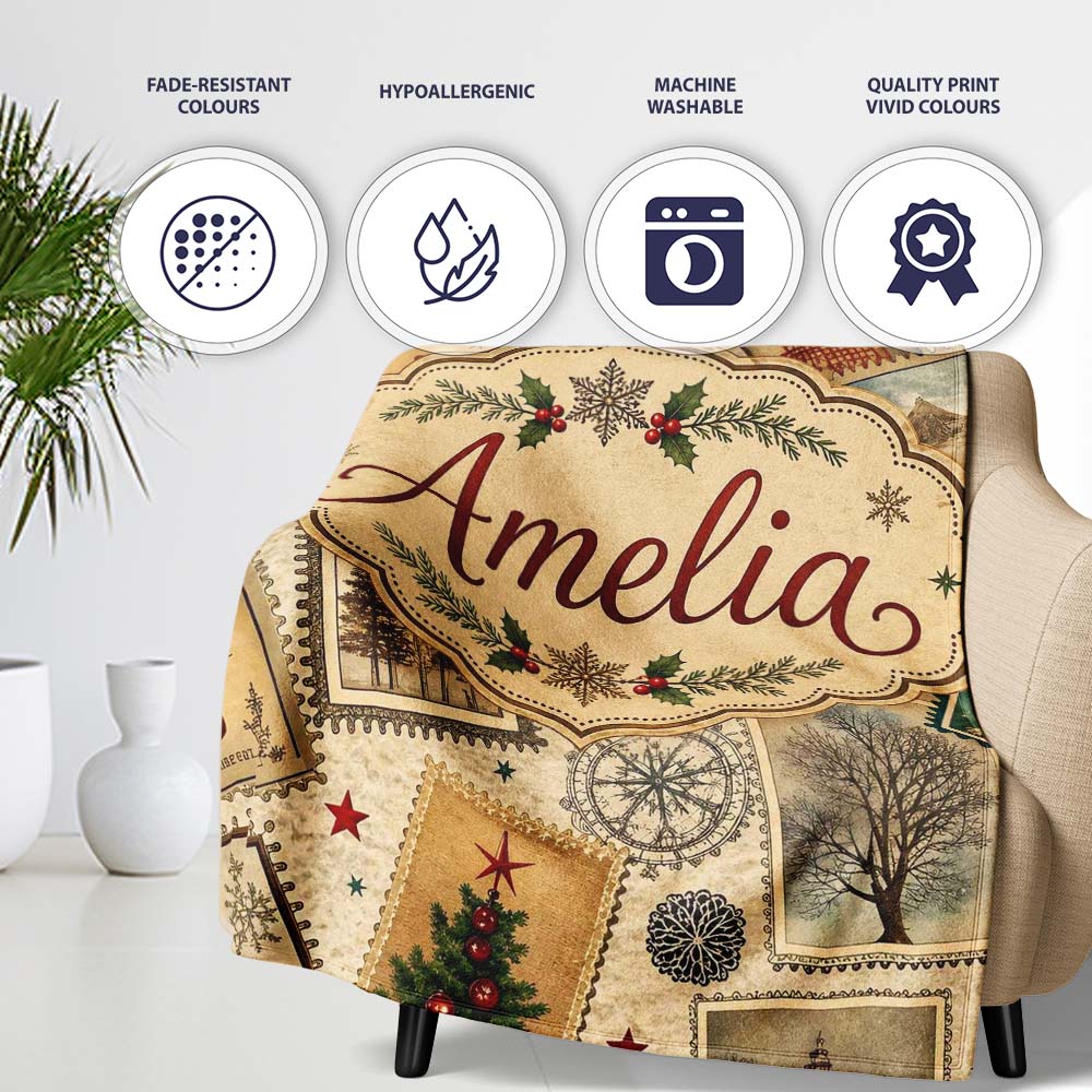 Antique Christmas Postcards Trees Stars Vintage Collage Seamless  Personalised Custom Name Super Soft Fleece Blanket Bed Sofa Throw