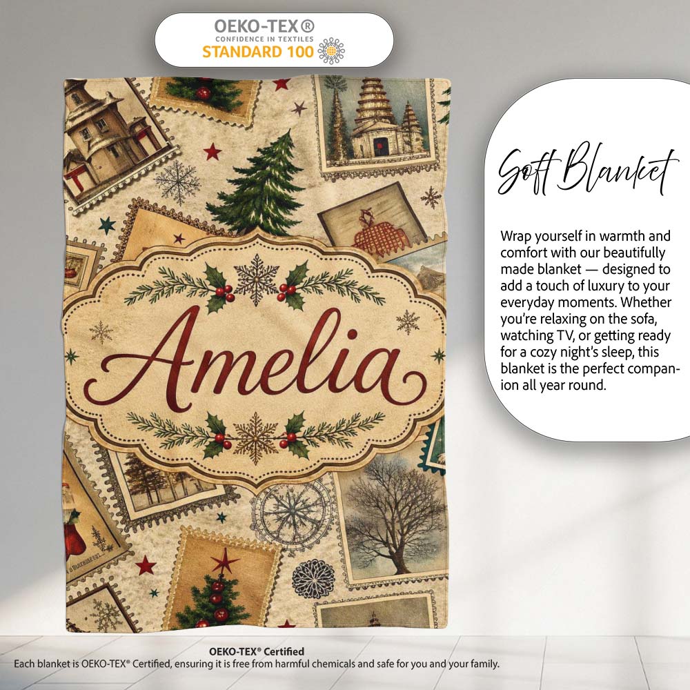 Antique Christmas Postcards Trees Stars Vintage Collage Seamless  Personalised Custom Name Super Soft Fleece Blanket Bed Sofa Throw