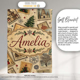 Antique Christmas Postcards Trees Stars Vintage Collage Seamless  Personalised Custom Name Super Soft Fleece Blanket Bed Sofa Throw