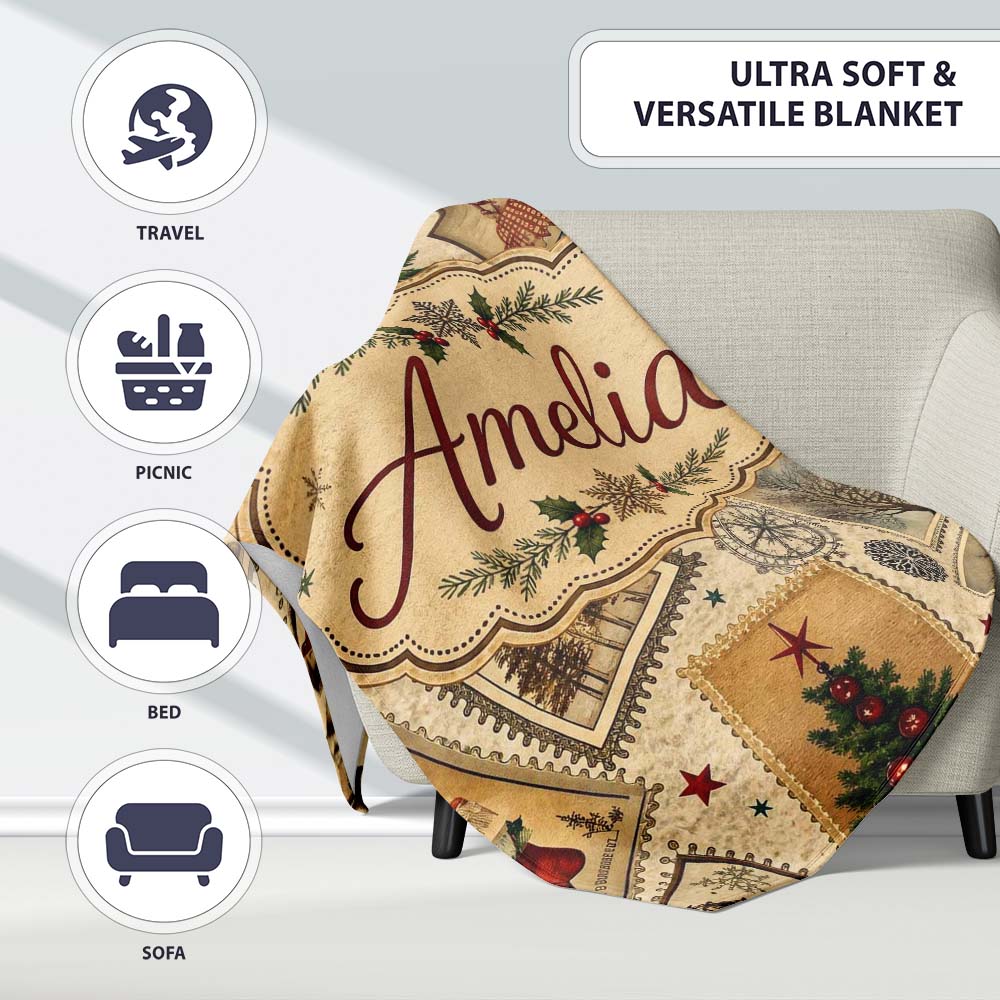 Antique Christmas Postcards Trees Stars Vintage Collage Seamless  Personalised Custom Name Super Soft Fleece Blanket Bed Sofa Throw