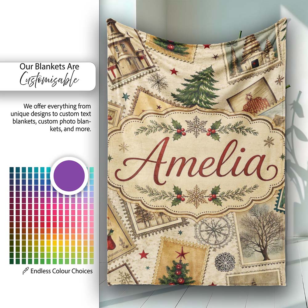Antique Christmas Postcards Trees Stars Vintage Collage Seamless  Personalised Custom Name Super Soft Fleece Blanket Bed Sofa Throw