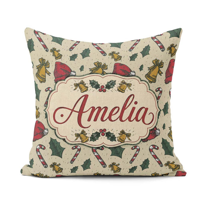 Custom Name Christmas Candy Cane Bells Santa Hat Seamless Lovely Square Filled Cushion Throw Pillow Sofa Bed Home Decor Zip Washable UK Made