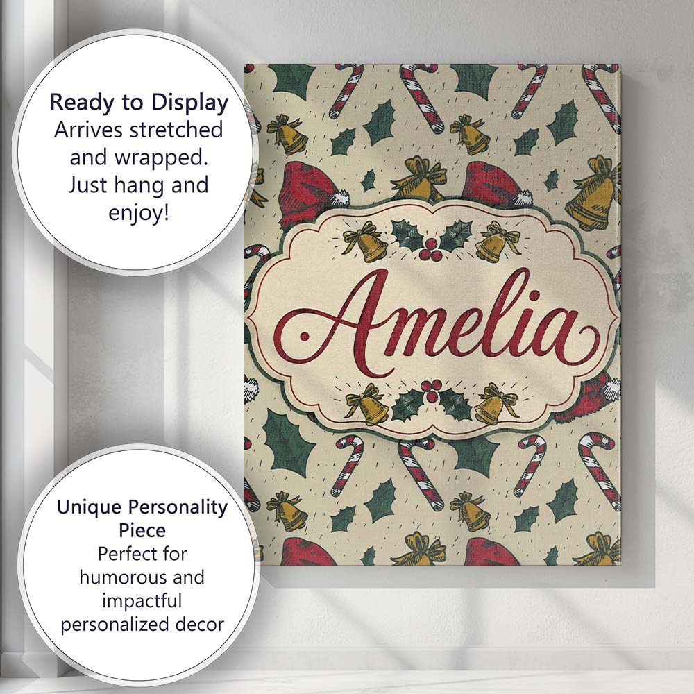 Personalised Name Christmas Candy Cane Custom  Modern Room Accent Elegant Feature Canvas Wall Art Print Decor Picture Ready to Hang